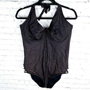 FREYA | metallic striped cutout hip underwire halter top one piece swim suit